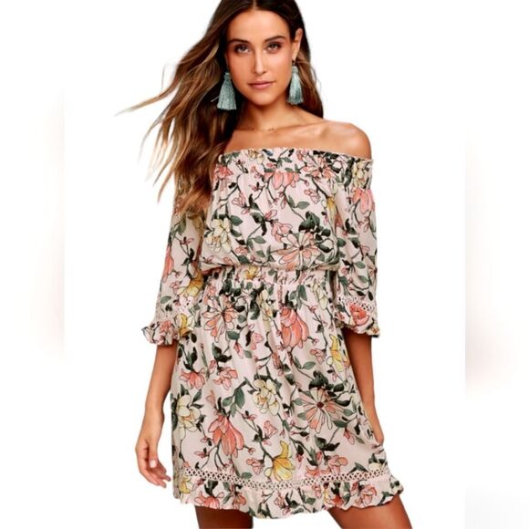 Lulu's Hello, Darling Blush Pink Floral Print Off-the-Shoulder Dress - Picture 1 of 12